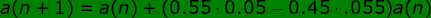 gif.latex?\large%20\inline%20\bg_green%20\fn_jvn%20a(n+1)=a(n)+(0.55%20\cdot%200.05-0.45%20\cdot%20.055)a(n)